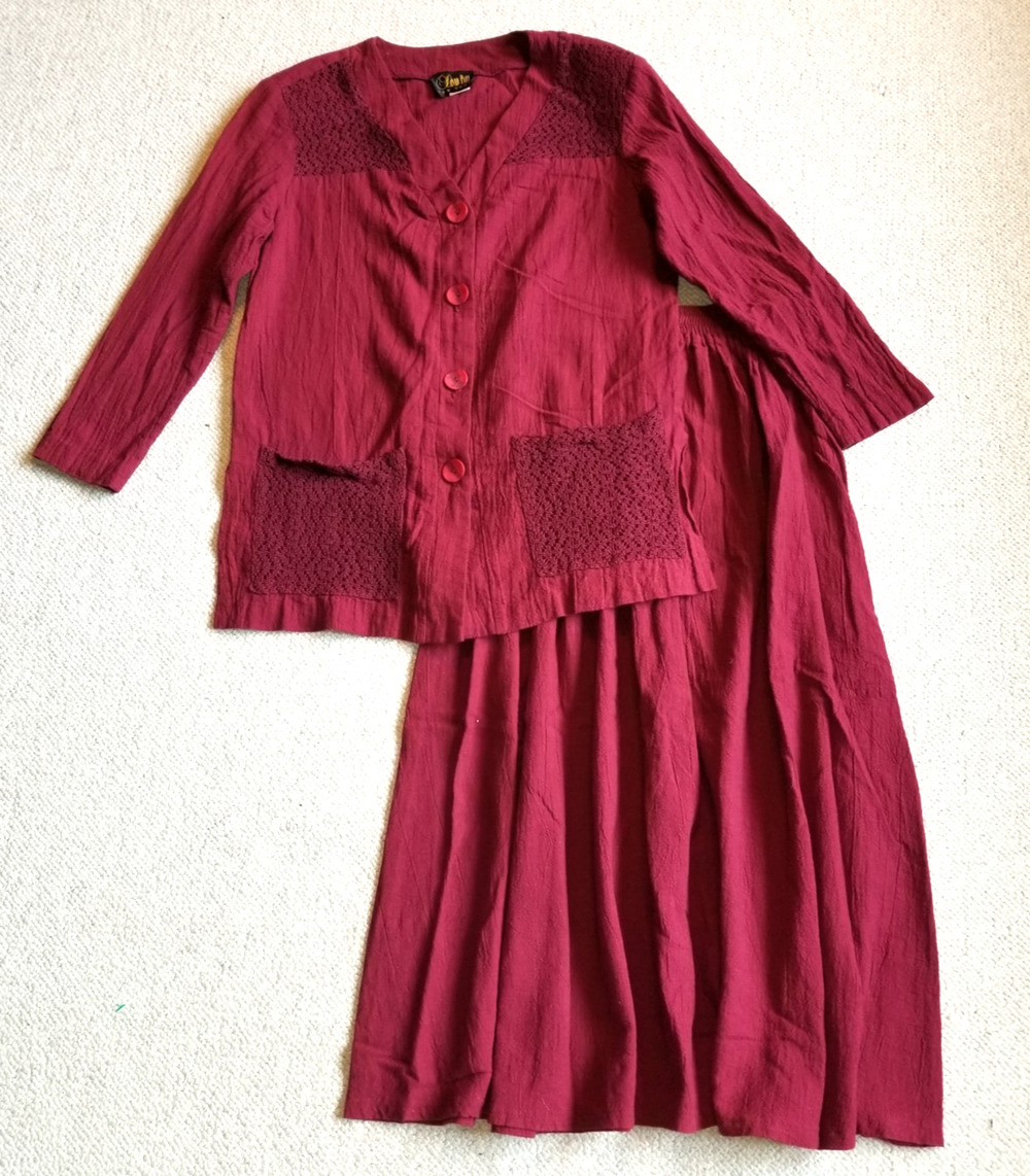 VINTAGE Y2K Womens Skirt Set-DAVID PAUL NY-USA-maroon cotton gauzy crochet-M